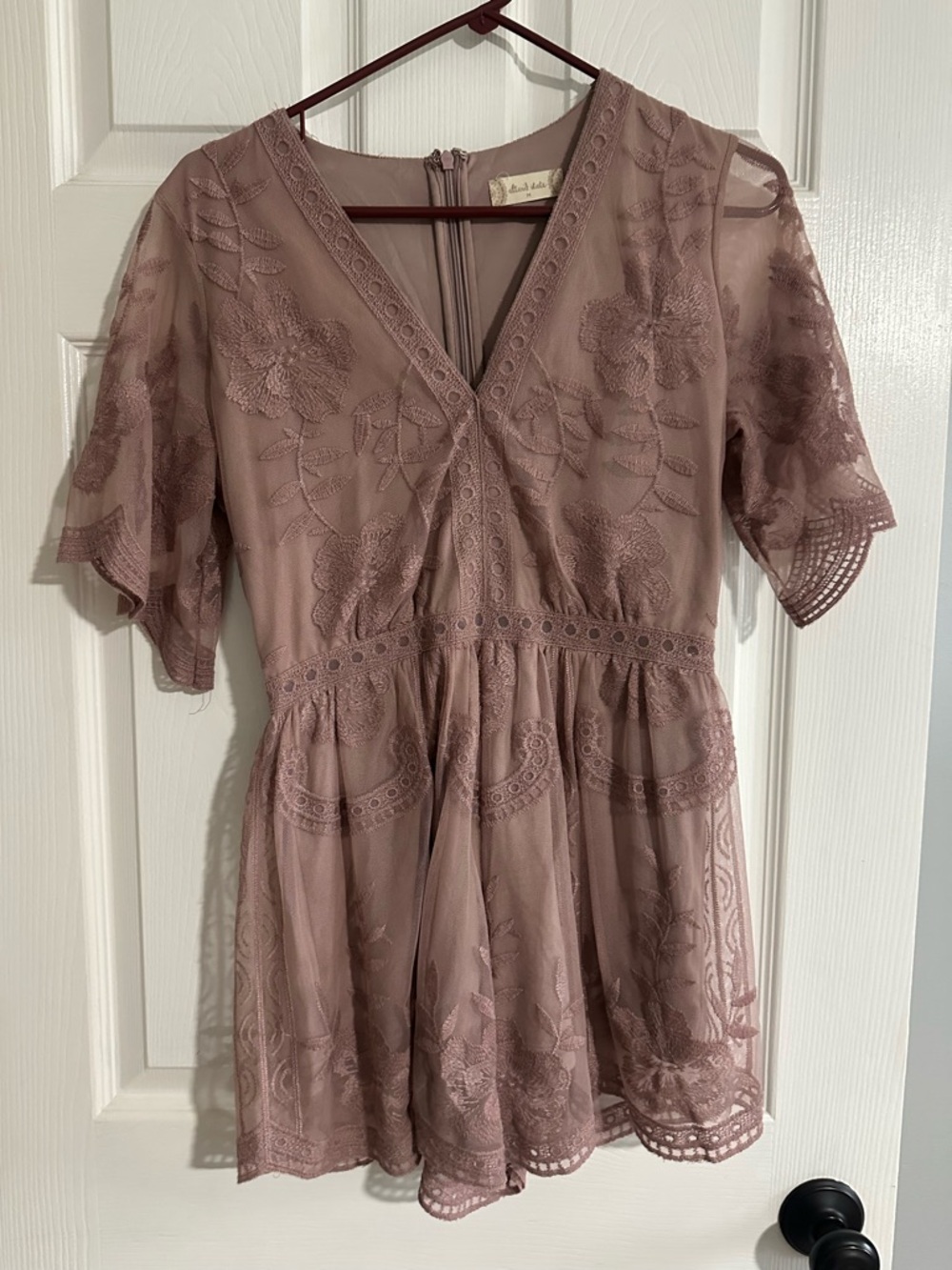 Altar’d State Blush Lace V-Neck Romper with Floral Embroidery